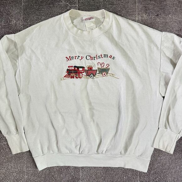 Mens Vintage 90s Holiday Time Merry Christmas Ugly Sweater White Sweatshirt Sz L - Picture 1 of 4